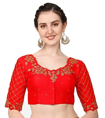 Pujia Mills Women's Red Choli 38 | Hand-Embroidered Silk Blouse with Stone Work thumbnail 1