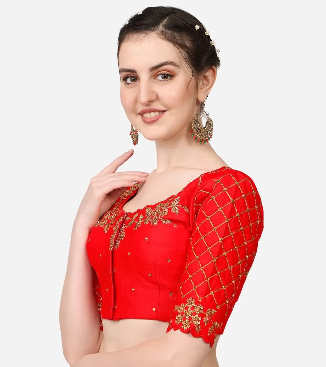 Pujia Mills Women's Red Choli 38 | Hand-Embroidered Silk Blouse with Stone Work - view 2