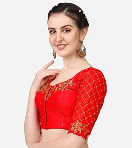 Pujia Mills Women's Red Choli 38 | Hand-Embroidered Silk Blouse with Stone Work thumbnail 2