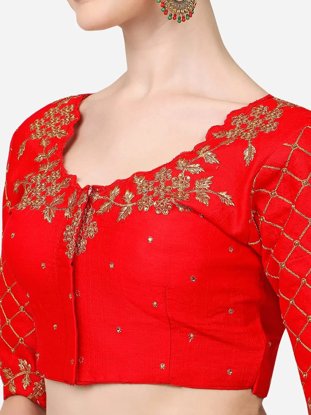 Pujia Mills Women's Red Choli 38 | Hand-Embroidered Silk Blouse with Stone Work - view 3