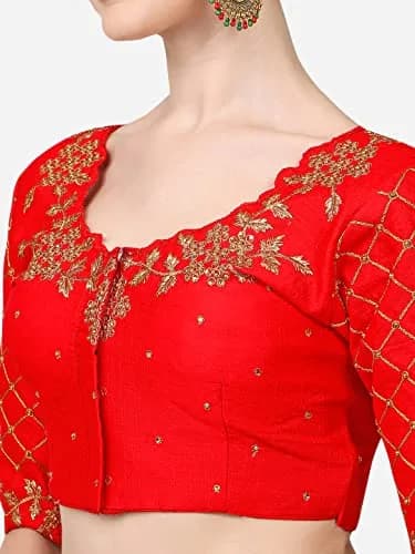 Pujia Mills Women's Red Choli 38 | Hand-Embroidered Silk Blouse with Stone Work thumbnail 3