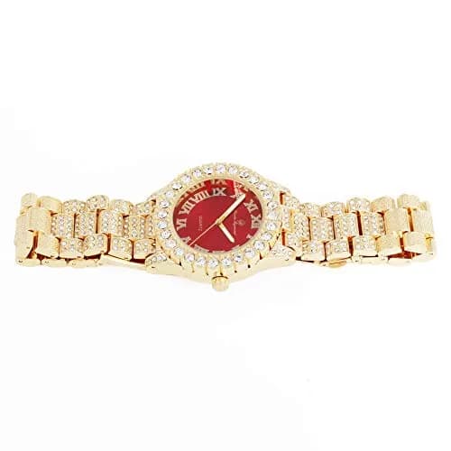 Charles Raymond Mens Gold Big Rocks Watch with Roman Numerals & Colorful Dial, Fully Iced Out, 8-inch Band, Blood Red Dial, Quartz Movement thumbnail 5