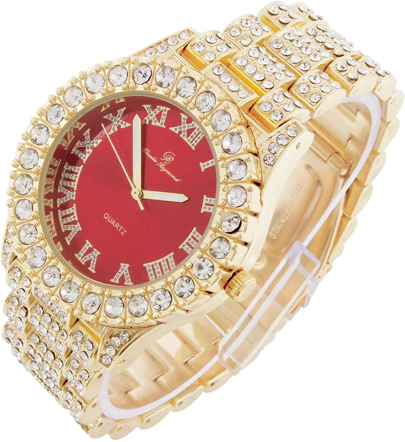Charles Raymond Hip Hop Gold Blood Red Iced Out Watch with Roman Numerals | 42mm Case - view 2