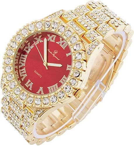 Charles Raymond Mens Gold Big Rocks Watch with Roman Numerals & Colorful Dial, Fully Iced Out, 8-inch Band, Blood Red Dial, Quartz Movement thumbnail 2