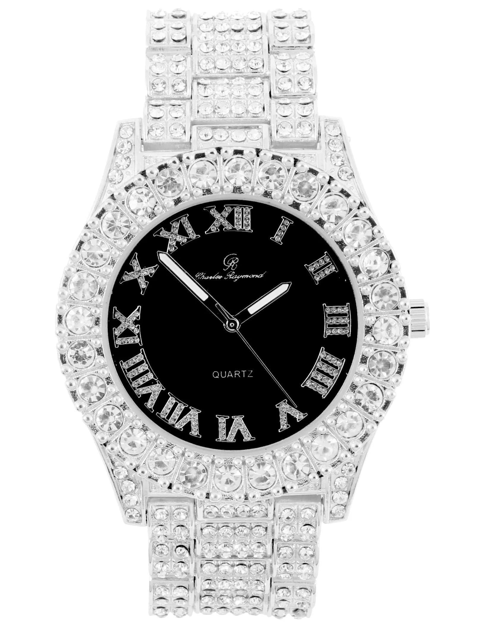 Charles Raymond Hip Hop Silver Black Panther Iced Out Watch with Roman Numerals & Colorful Dial - main product image