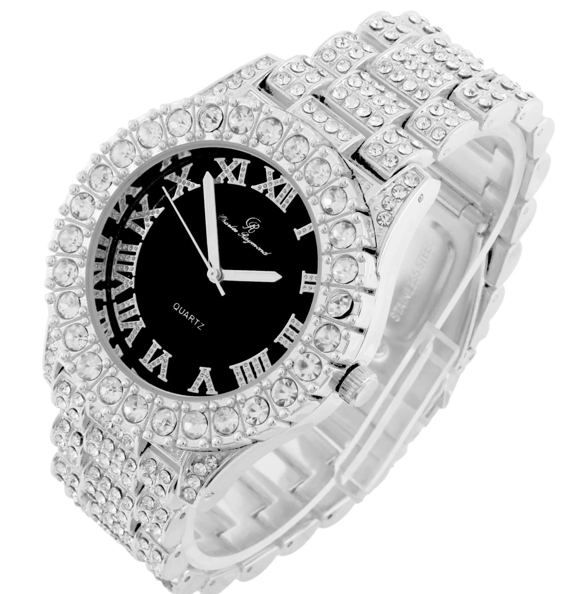 Charles Raymond Hip Hop Silver Black Panther Iced Out Watch with Roman Numerals & Colorful Dial - view 2