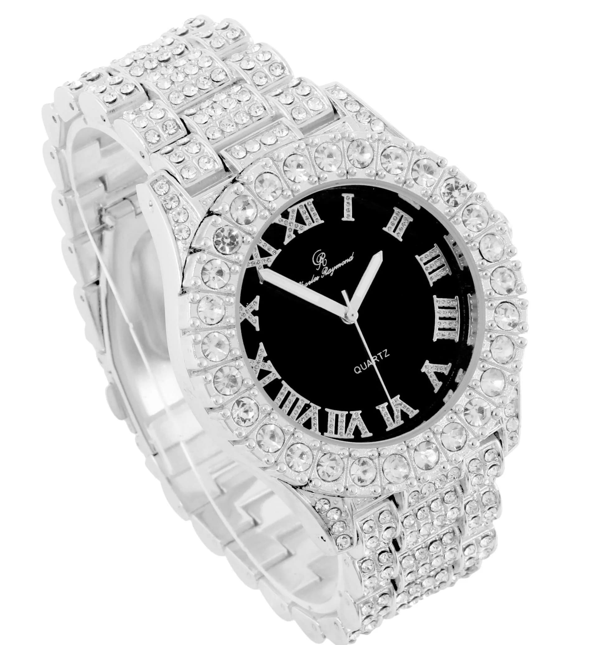 Charles Raymond Hip Hop Silver Black Panther Iced Out Watch with Roman Numerals & Colorful Dial - view 3
