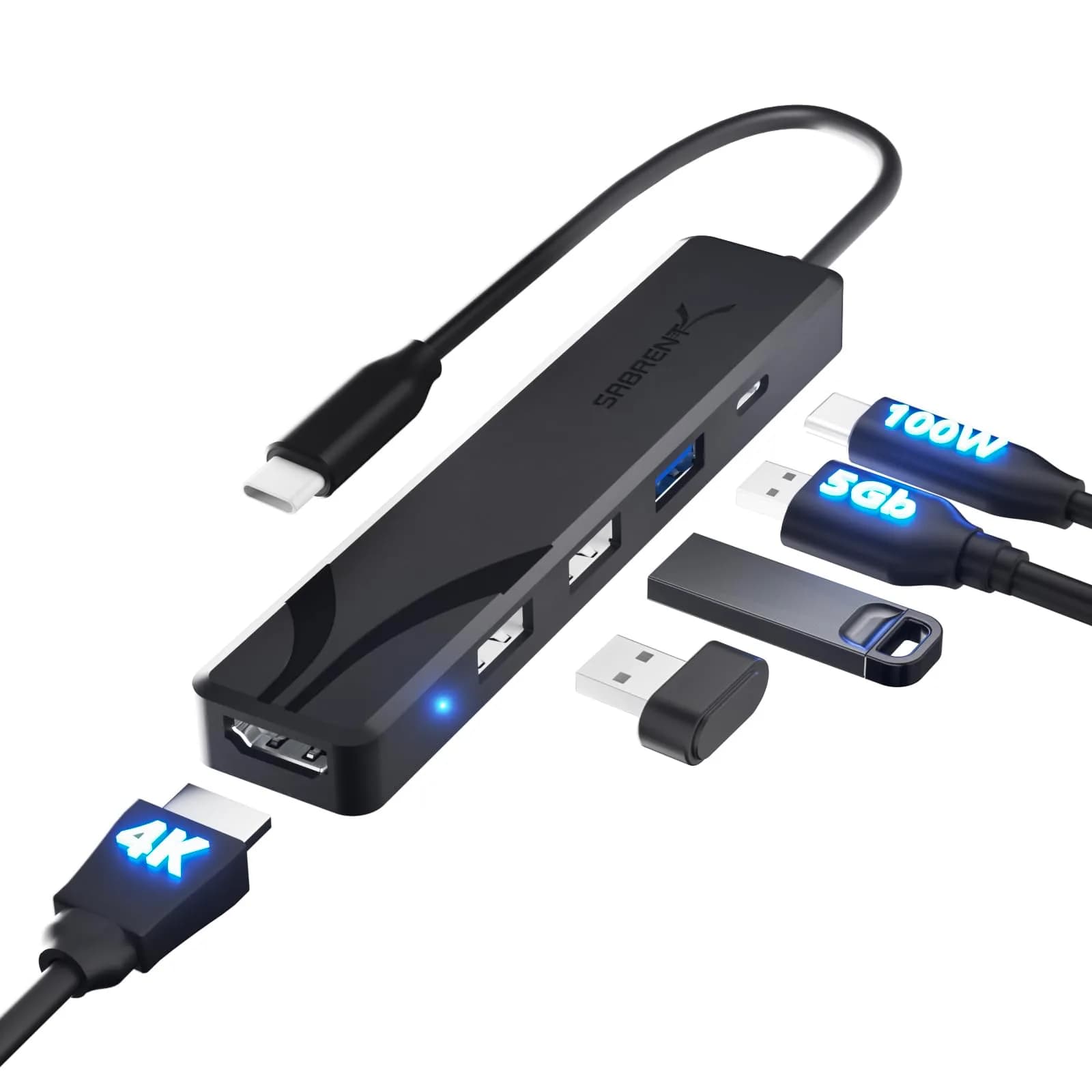 SABRENT USB-C Hub 5-in-1 with 4K@60Hz HDMI, 100W PD, 3x USB-A Ports | Lightweight Aluminum, Plug & Play - main product image