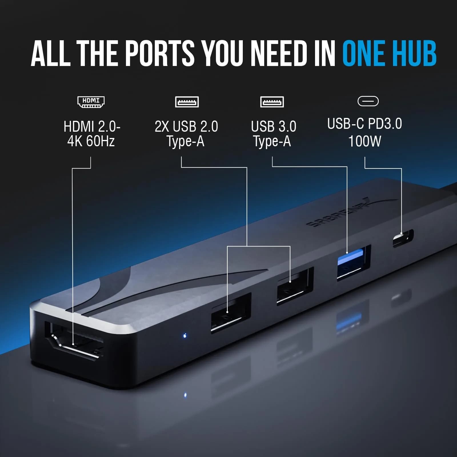 SABRENT USB-C Hub 5-in-1 with 4K@60Hz HDMI, 100W PD, 3x USB-A Ports | Lightweight Aluminum, Plug & Play - view 6