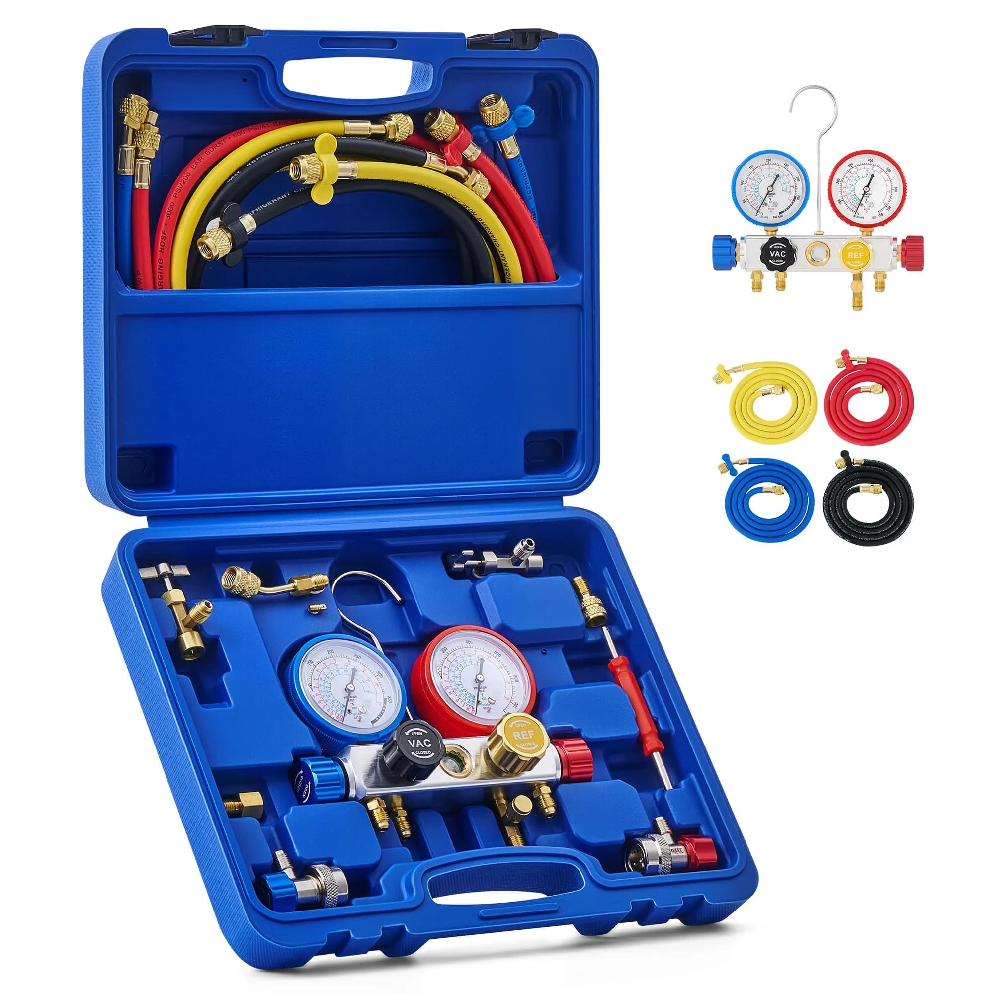 Orion Motor Tech 4-Way AC Diagnostic Manifold Gauge Kit 3.5 kg (7.7 lb) | Hybrid Antishock Gauges for R134a, R410a, R22 - main product image