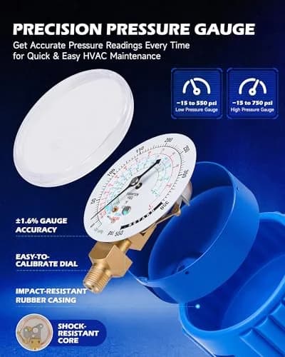 Orion Motor Tech 4-Way AC Diagnostic Manifold Gauge Kit 3.5 kg (7.7 lb) | Hybrid Antishock Gauges for R134a, R410a, R22 thumbnail 5