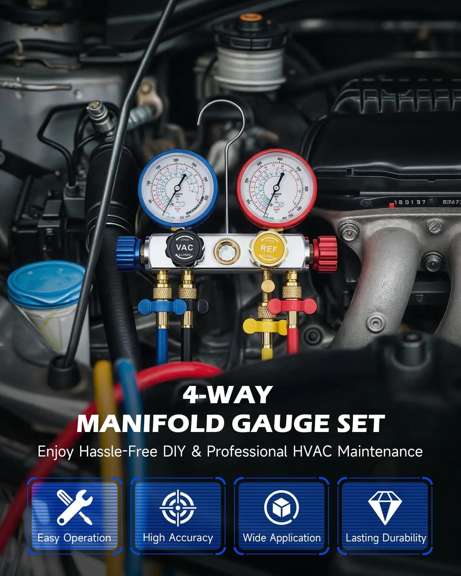 Orion Motor Tech 4-Way AC Diagnostic Manifold Gauge Kit 3.5 kg (7.7 lb) | Hybrid Antishock Gauges for R134a, R410a, R22 - view 2