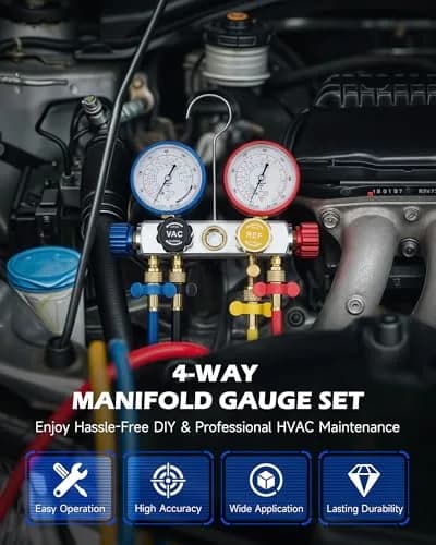 Orion Motor Tech 4-Way AC Diagnostic Manifold Gauge Kit 3.5 kg (7.7 lb) | Hybrid Antishock Gauges for R134a, R410a, R22 thumbnail 2