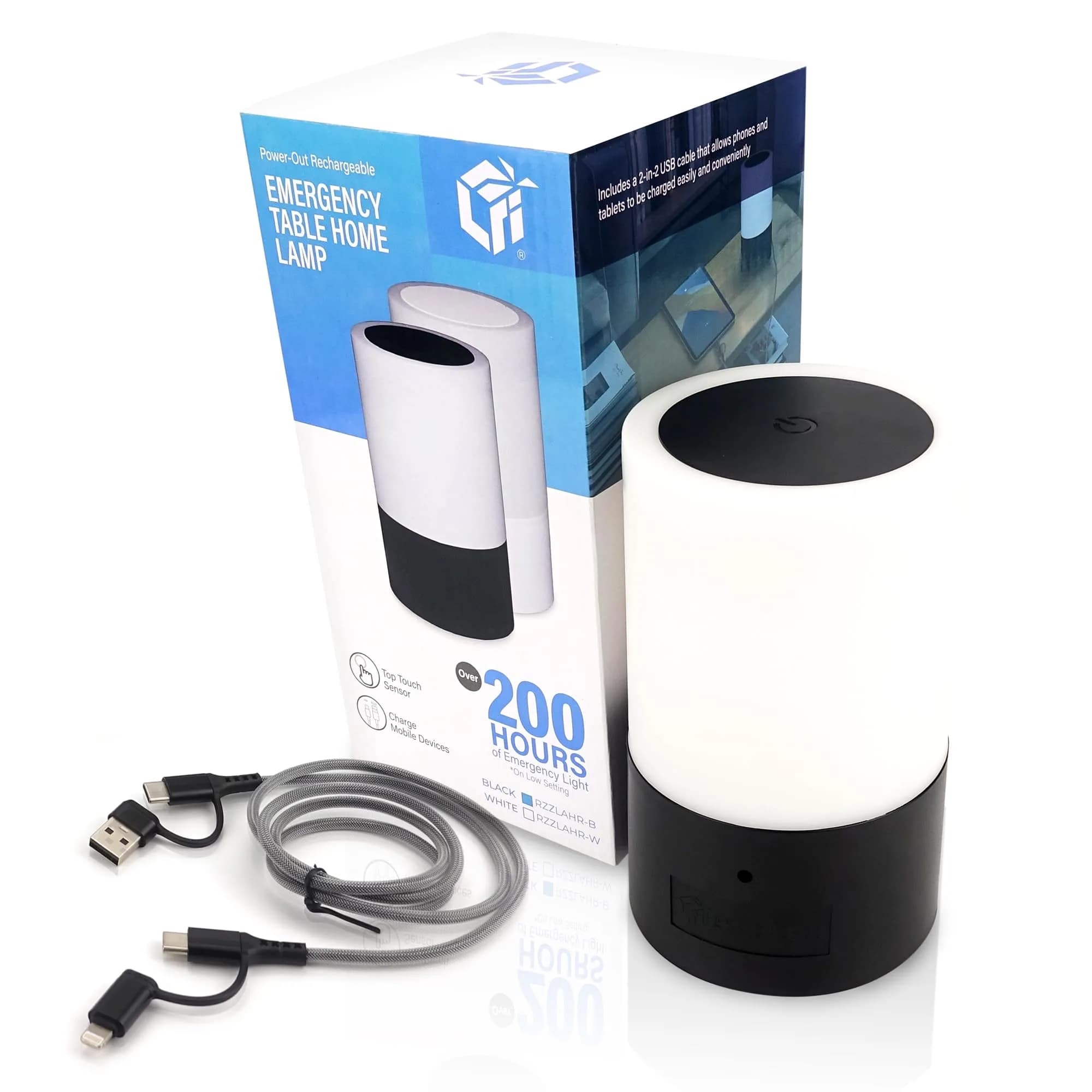 Light Fixture Industries White Emergency Table Lamp | 200+ Hr Runtime, Power Outages — Black