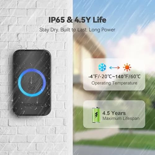 TECKNET Wireless Doorbell Kit with 2 Plug-in Receivers, 1300 ft Range, IP65 Waterproof, 60 Chimes & 5 Volume Levels, Black | Smart Doorbell Chime for Home & Office thumbnail 4
