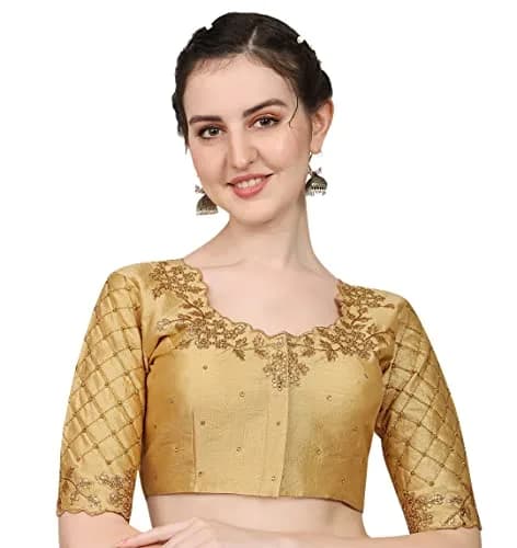 Pujia Mills Women's Gold Choli with Hand Embroidery & Stone Work, 38 (Chest 38in) thumbnail 1