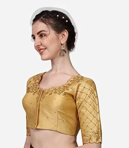 Pujia Mills Women's Gold Choli with Hand Embroidery & Stone Work, 38 (Chest 38in) thumbnail 2
