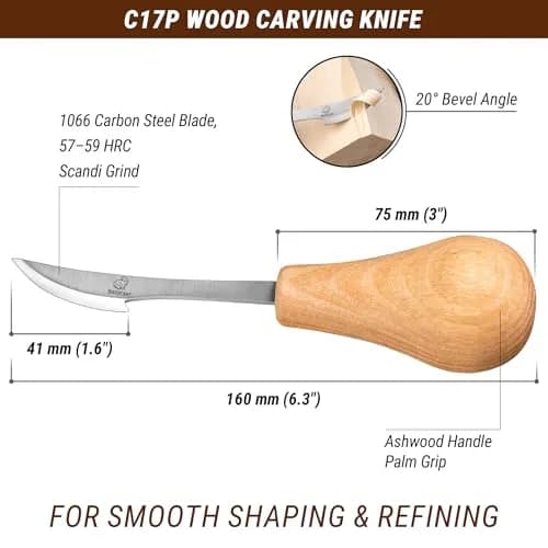 BeaverCraft Wood Carving Knife C17P - Sloyd Chip Carving Knife Carbon Steel for Beginners & Pros thumbnail 3