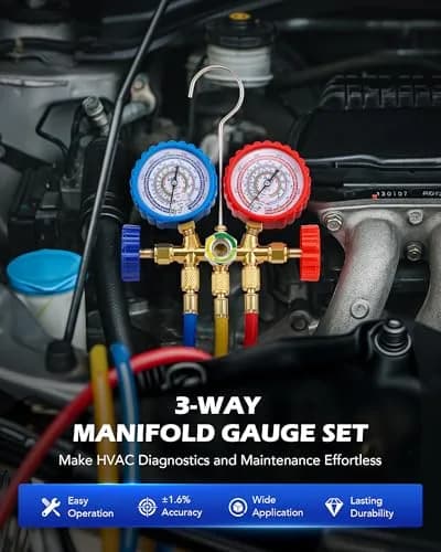 Orion Motor Tech 3-Way Auto AC Manifold Gauge Set 5ft Hoses | R134a R410A R404A R22 Compatibility thumbnail 2