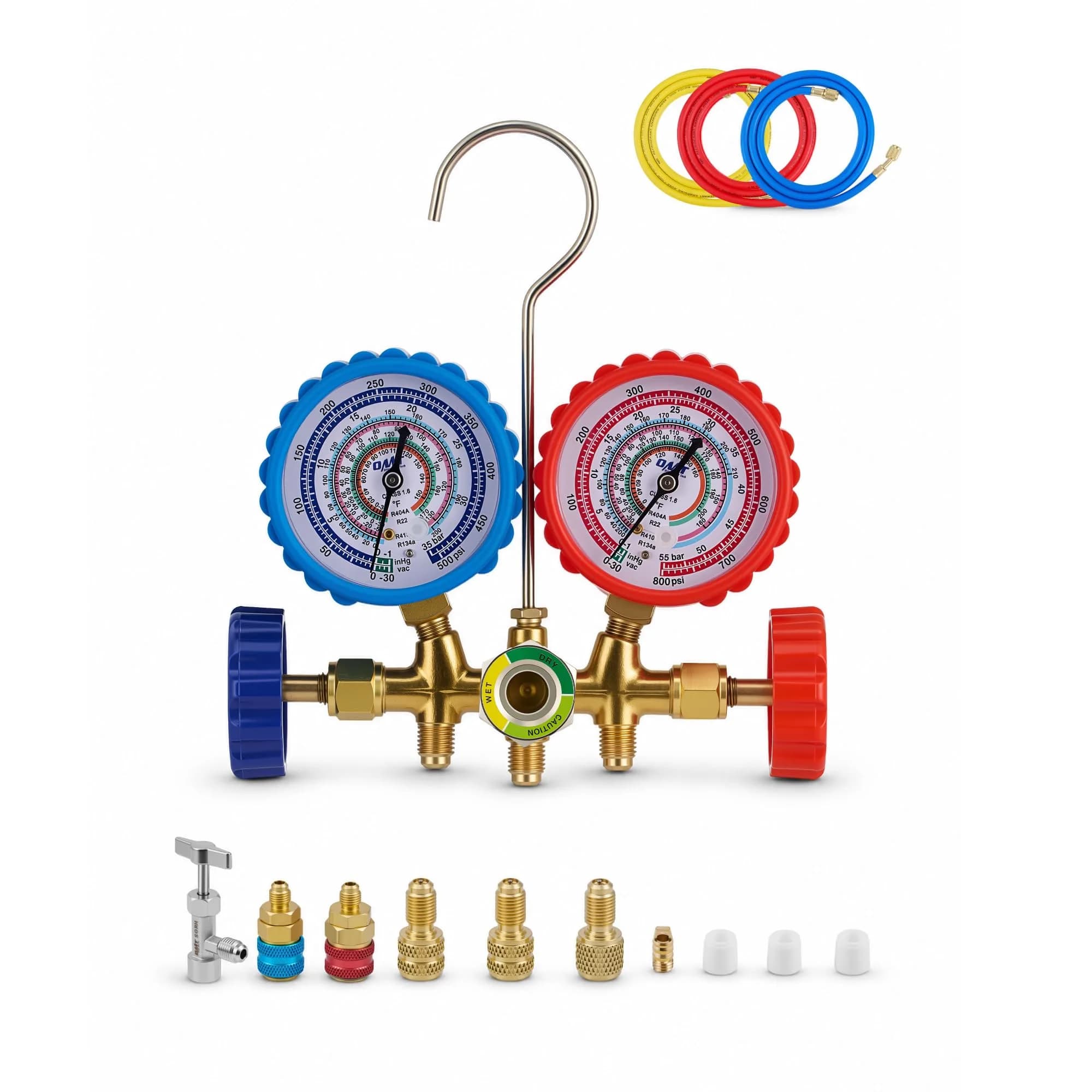 Orion Motor Tech 3-Way AC Manifold Gauge Set R12 R134a R502 R22 2.27 kg (5 lb) | Professional Automotive AC Service Tool — R134a R22 R410a R404a