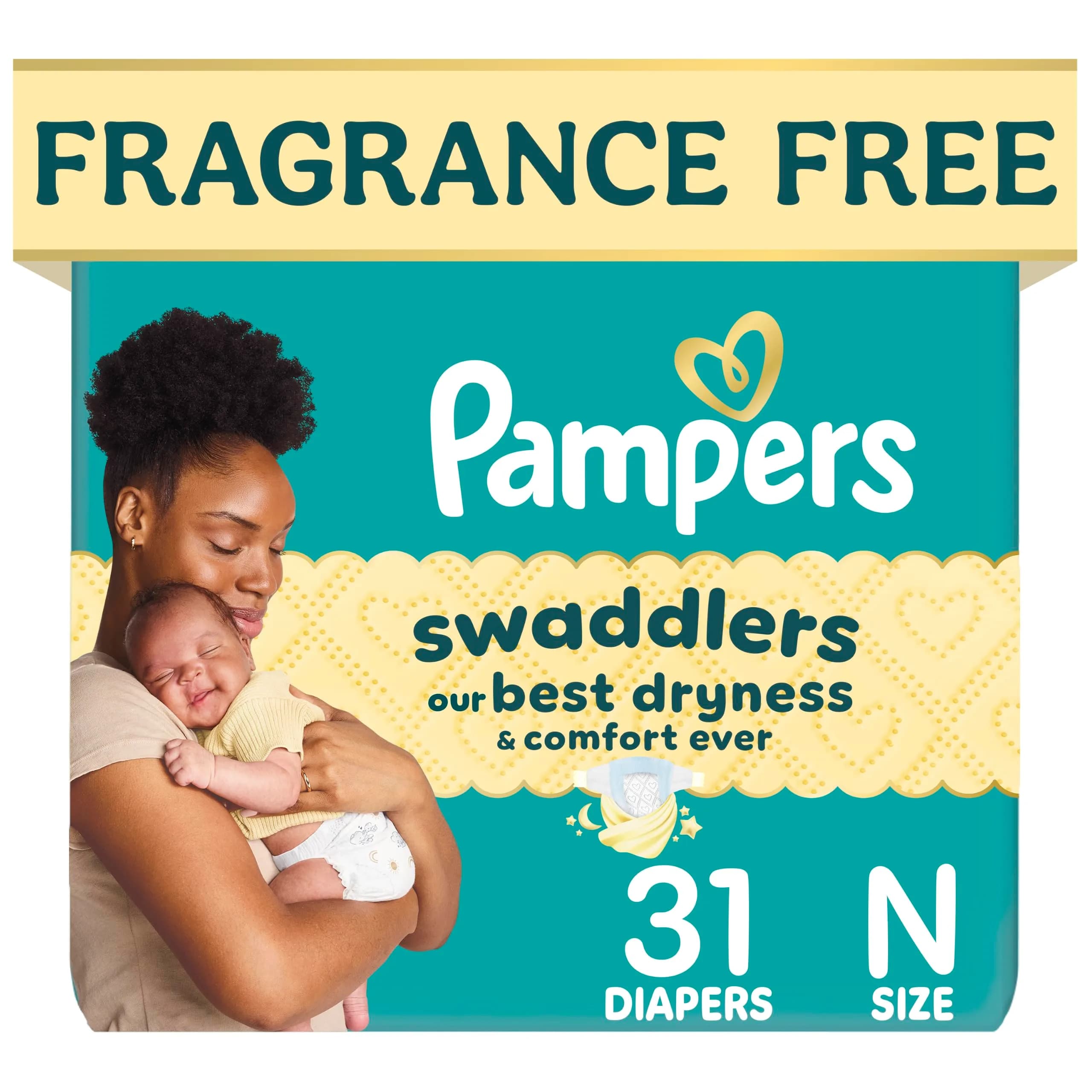 Pampers Swaddlers Diapers, Size Newborn (up to 10 lbs / 4.5 kg), 31 Count | Pediatrician Recommended Skin-Safe Disposable Baby Diaper - main product image