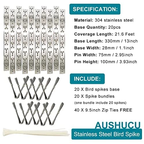 aushucu Stainless Steel Bird Spikes 21.6 Feet (20 Bases, 20 Sets) | Rust-Proof Pigeon Control for Buildings thumbnail 3
