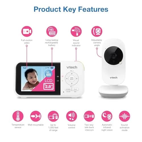 VTech VM819 Baby Monitor with 2.8-Inch LCD Screen | No WiFi, 1000ft Range, Night Vision, Two-Way Talk, Temperature Sensor, Sound-Activated Screen, Lullabies thumbnail 2