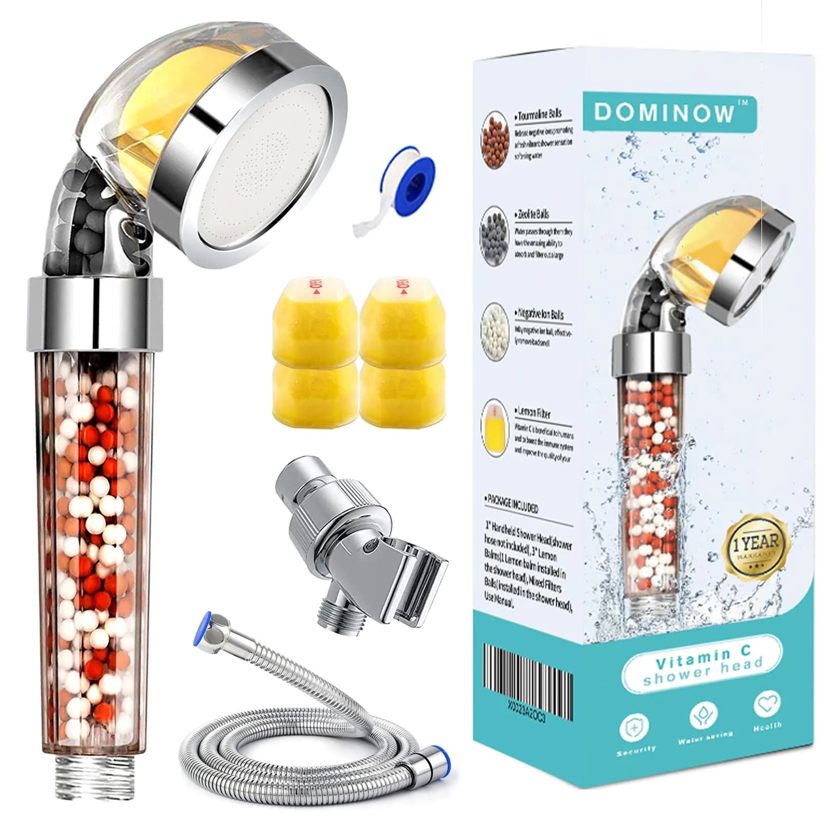 Dominow Vitamin C Shower Head with Handheld, High Pressure Filtered Showerhead (Silver | With Hose) — With Hose