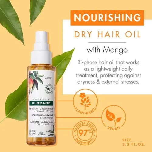Klorane Nourishing Dry Hair Oil with Mango 3.3 Fl Oz | Hydrating & Protecting Vegan Spray thumbnail 2