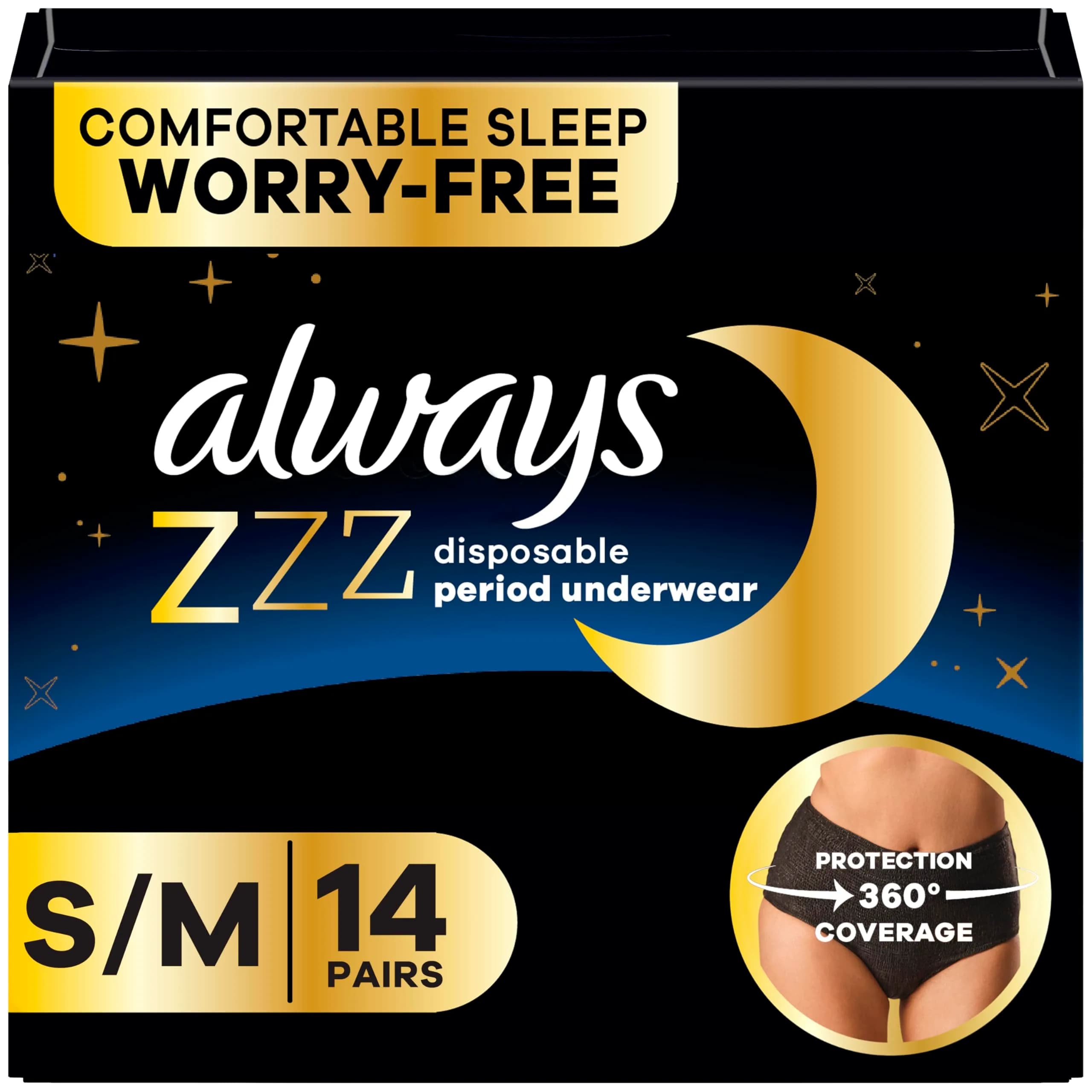 Always ZZZ Overnight Disposable Period Underwear for Women Small/Medium, 14 Count (2 Packs of 7) | Ultimate Leakage Protection - main product image