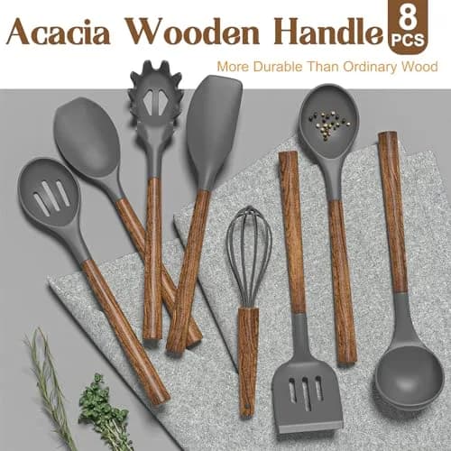 Umite Chef Silicone Cooking Utensil Set with Acacia Wooden Handles, 8-Piece Set | Heat Resistant Spatula & Kitchen Gadgets thumbnail 5