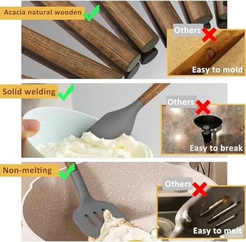 Umite Chef Silicone Cooking Utensil Set with Acacia Wooden Handles, 8-Piece Set | Heat Resistant Spatula & Kitchen Gadgets thumbnail 6