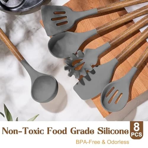 Umite Chef Silicone Cooking Utensil Set with Acacia Wooden Handles, 8-Piece Set | Heat Resistant Spatula & Kitchen Gadgets thumbnail 2