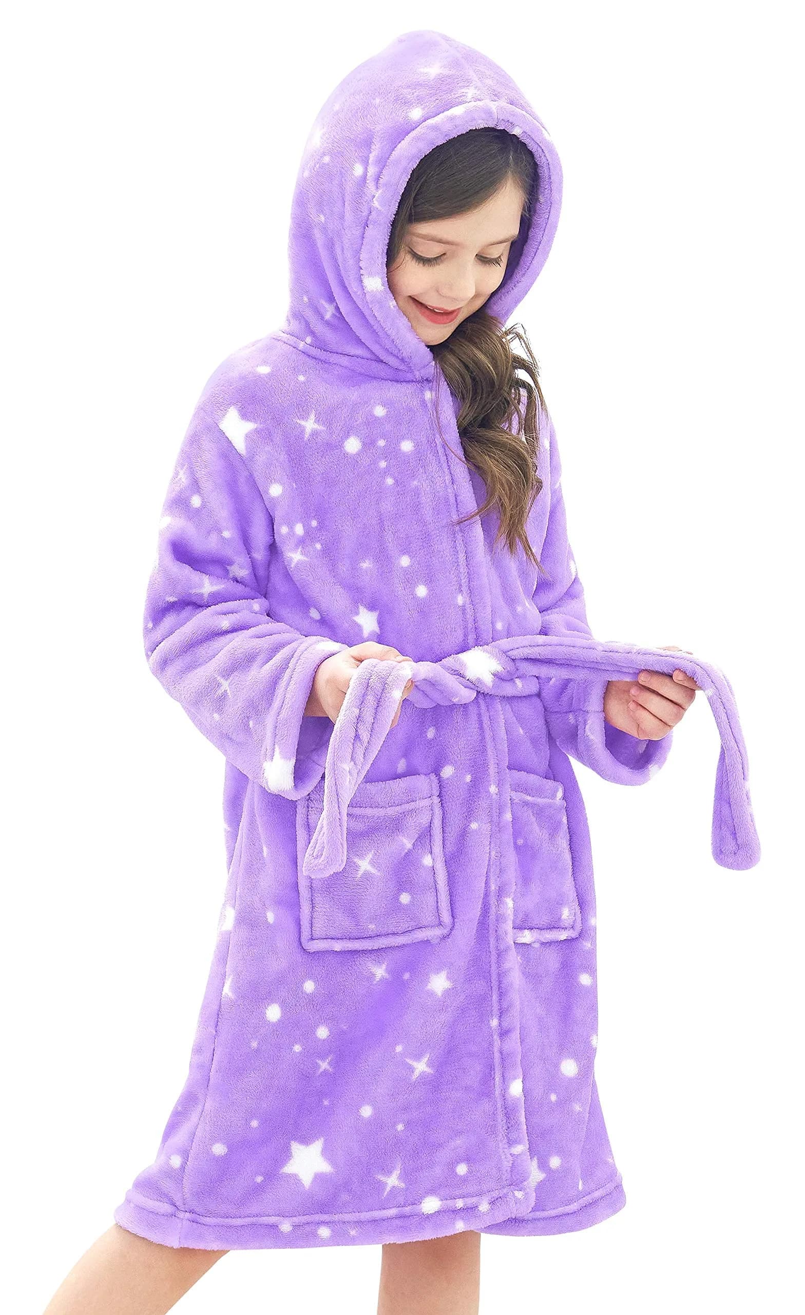 Doctor Unicorn Rainbow Bathrobe for Girls 6-7 Years | Soft Hooded Sleepwear in Purple White Star Dots — Purple White Star Dots / 6-7 Years