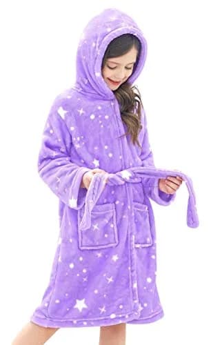 Doctor Unicorn Rainbow Bathrobe for Girls 6-7 Years | Soft Hooded Sleepwear in Purple White Star Dots thumbnail 1