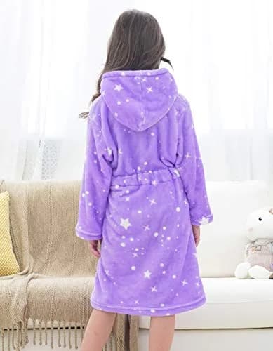 Doctor Unicorn Rainbow Bathrobe for Girls 6-7 Years | Soft Hooded Sleepwear in Purple White Star Dots thumbnail 4