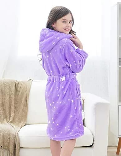 Doctor Unicorn Rainbow Bathrobe for Girls 6-7 Years | Soft Hooded Sleepwear in Purple White Star Dots thumbnail 5