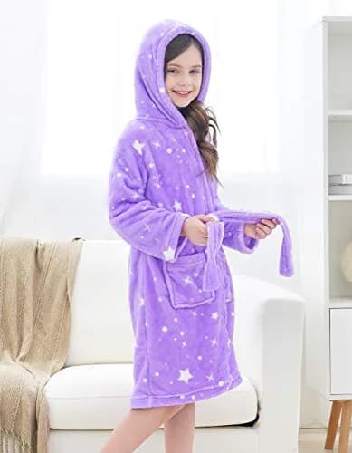 Doctor Unicorn Rainbow Bathrobe for Girls 6-7 Years | Soft Hooded Sleepwear in Purple White Star Dots thumbnail 6