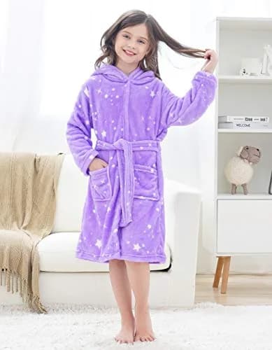 Doctor Unicorn Rainbow Bathrobe for Girls 6-7 Years | Soft Hooded Sleepwear in Purple White Star Dots thumbnail 2