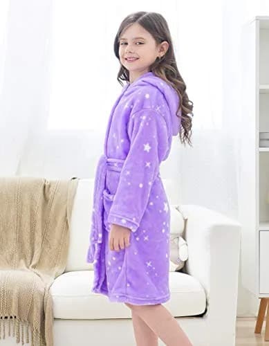 Doctor Unicorn Rainbow Bathrobe for Girls 6-7 Years | Soft Hooded Sleepwear in Purple White Star Dots thumbnail 3