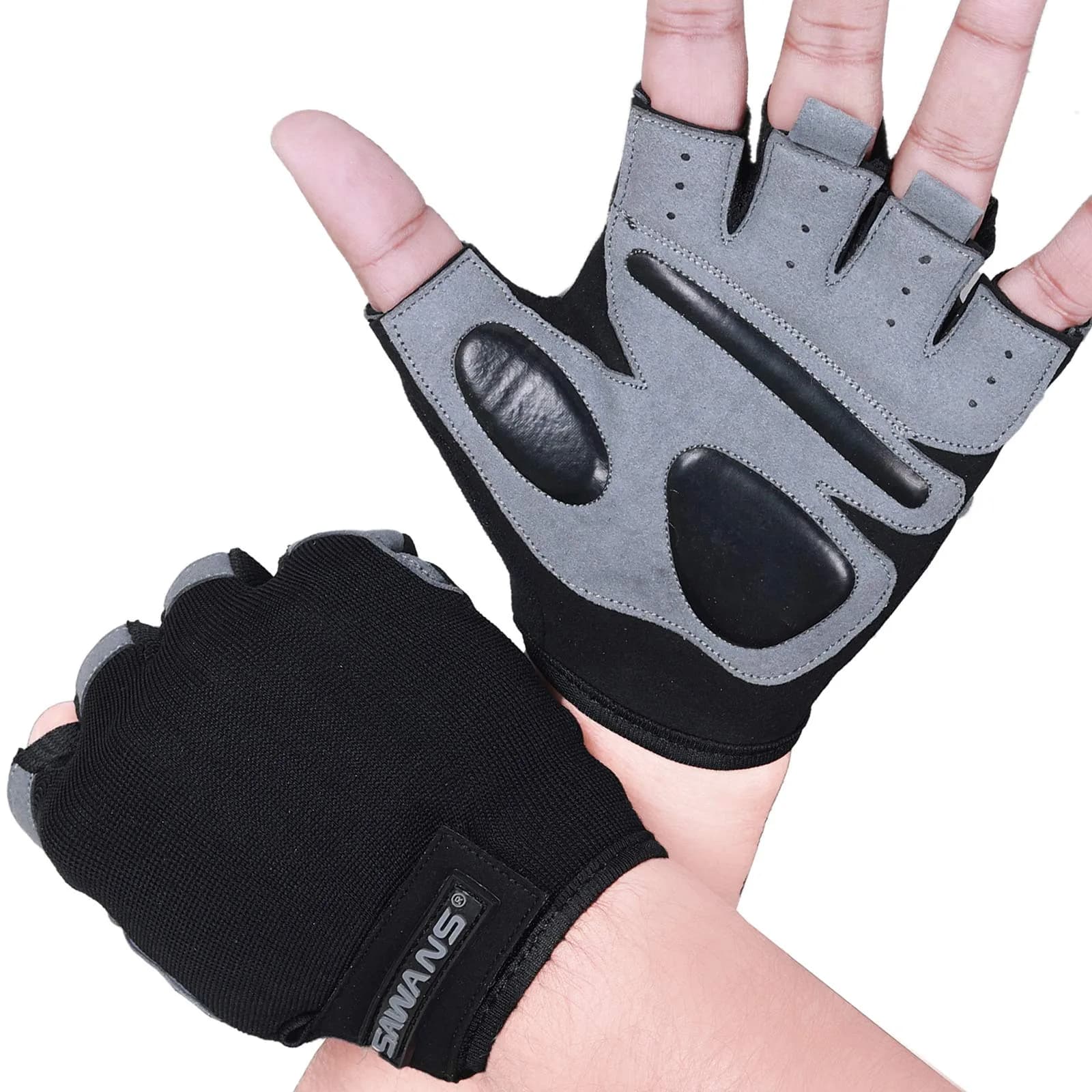 SAWANS Fitness Workout Gloves for Men Women | Breathable, Wrist Support, Padded, Long Wrist Straps (Large) — Short Wrist / Medium