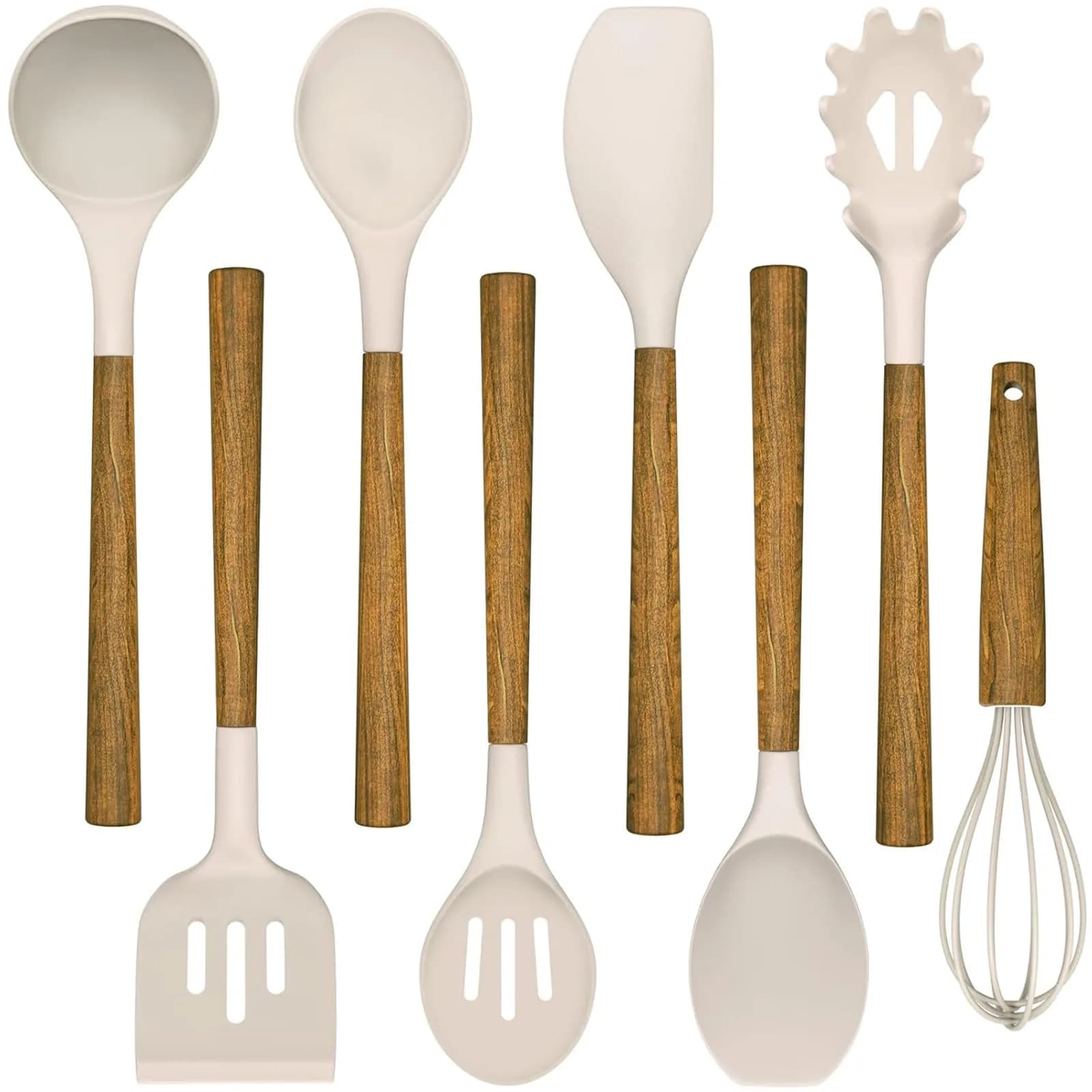 Umite Chef Silicone Cooking Utensil Set with Acacia Wooden Handles, 8-Piece Kitchen Gadgets for Nonstick Cookware - Khaki | Heat Resistant up to 446°F — Khaki