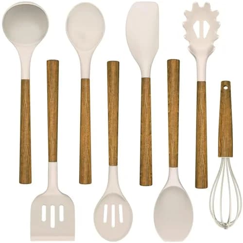 Umite Chef Silicone Cooking Utensil Set with Acacia Wooden Handles, 8-Piece Kitchen Gadgets for Nonstick Cookware - Khaki | Heat Resistant up to 446°F thumbnail 1