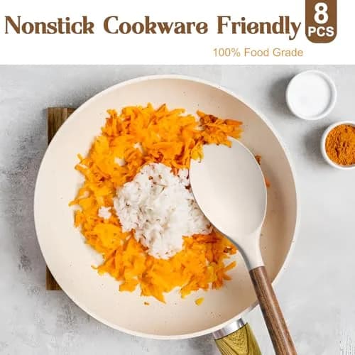 Umite Chef Silicone Cooking Utensil Set with Acacia Wooden Handles, 8-Piece Kitchen Gadgets for Nonstick Cookware - Khaki | Heat Resistant up to 446°F thumbnail 4