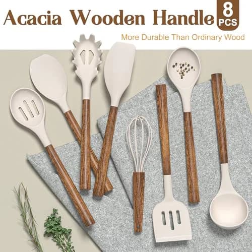 Umite Chef Silicone Cooking Utensil Set with Acacia Wooden Handles, 8-Piece Kitchen Gadgets for Nonstick Cookware - Khaki | Heat Resistant up to 446°F thumbnail 5