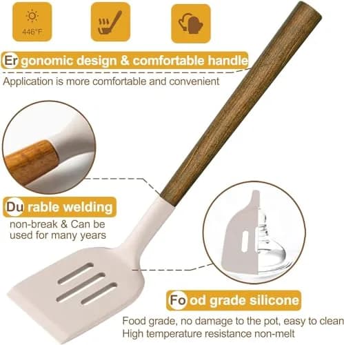 Umite Chef Silicone Cooking Utensil Set with Acacia Wooden Handles, 8-Piece Kitchen Gadgets for Nonstick Cookware - Khaki | Heat Resistant up to 446°F thumbnail 6