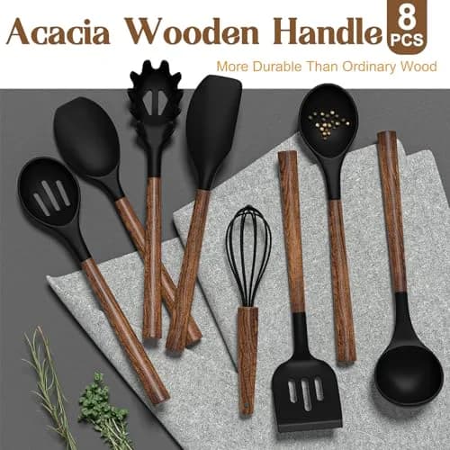 Umite Chef 8-Piece Silicone Cooking Utensil Set with Acacia Wooden Handles | Heat Resistant Spatula & Ladle Set thumbnail 2