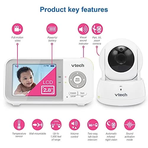 VTech VM923 Baby Monitor with Pan-Tilt-Zoom Camera | Secure FHSS Transmission, 19-Hour Battery, 2.8" Screen, 1000ft Range, Temp Sensor, 2-Way Talk thumbnail 2