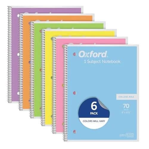 Oxford Pastel Pink Spiral Notebook, 1 Subject, College Ruled, 8 x 10-1/2 Inch, 70 Sheets, Set of 6 — College Rule