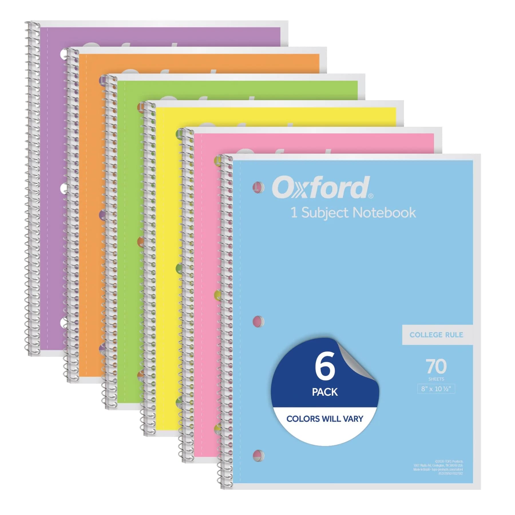 Oxford Pastel Pink Spiral Notebook, 1 Subject, College Ruled, 8 x 10-1/2 Inch, 70 Sheets, Set of 6